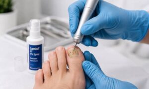 A podiatrist providing fungal nail treatment at Sidcup Foot Clinic