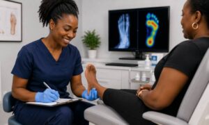 A podiatrist assessing a patient's foot during a podiatry appointment at Sidcup Foot Clinic