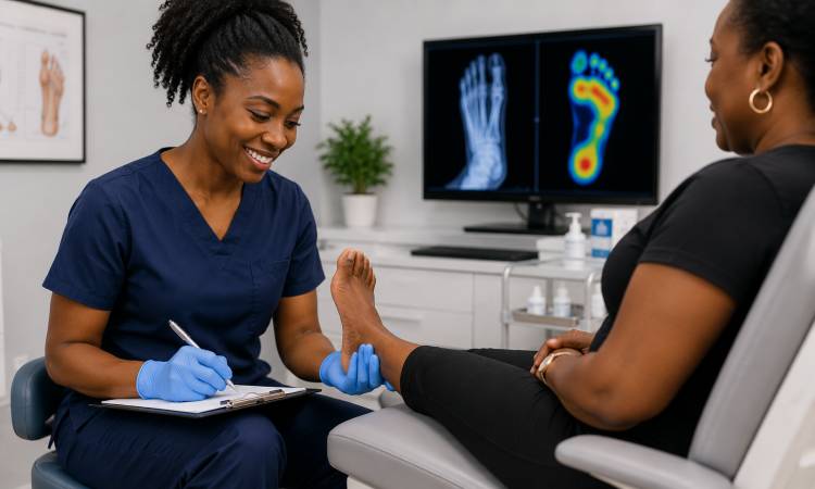 A podiatrist assessing a patient's foot during a podiatry appointment at Sidcup Foot Clinic