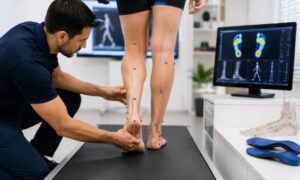 A podiatrist carrying out a biomechanics assessment of a patient's legs and feet at Sidcup Foot Clinic