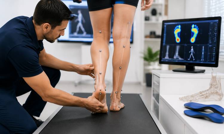 A podiatrist carrying out a biomechanics assessment of a patient's legs and feet at Sidcup Foot Clinic
